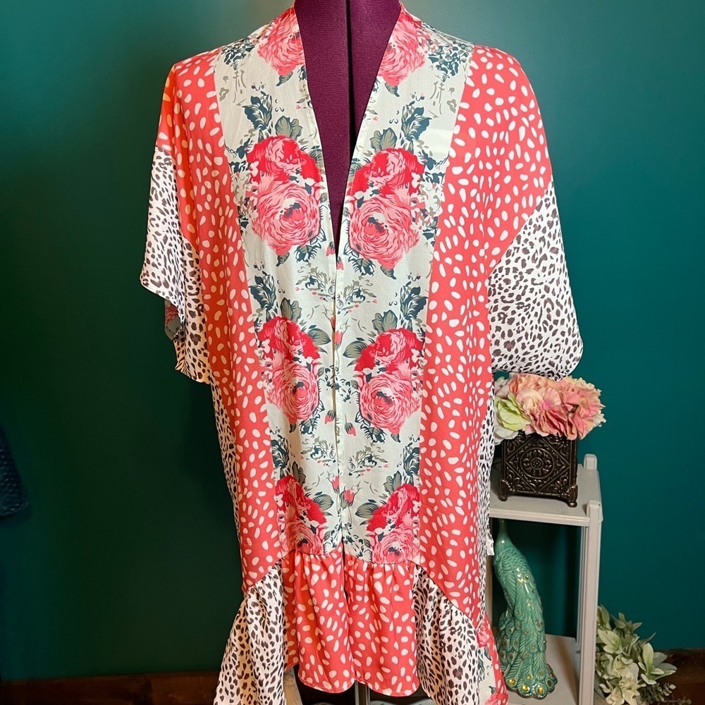 Pinkish Peach and White Ruffled Kimono Cardigan Cover Up with Relaxed Fit